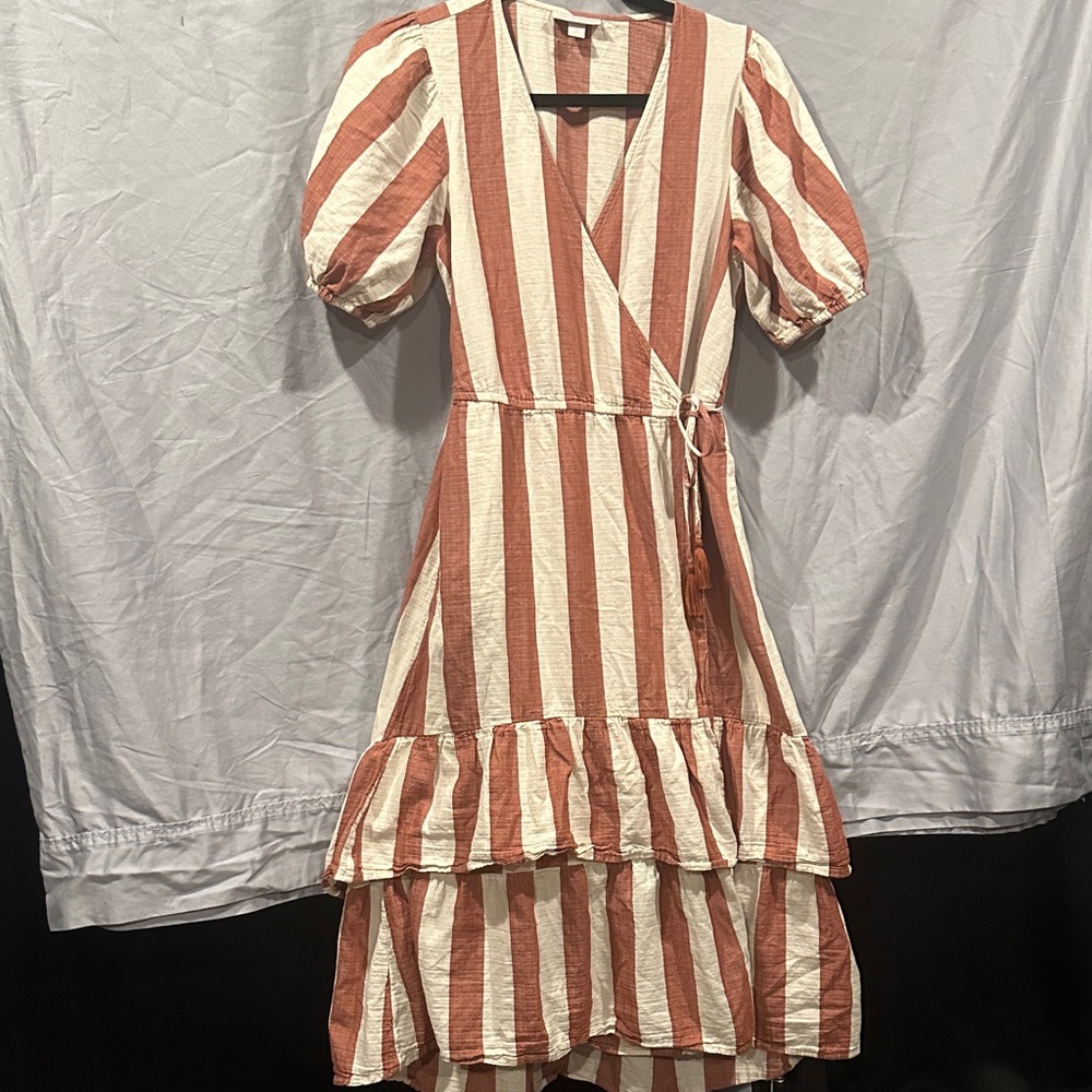 Knox Rose Rust and Cream Wrap Tie Striped Dress